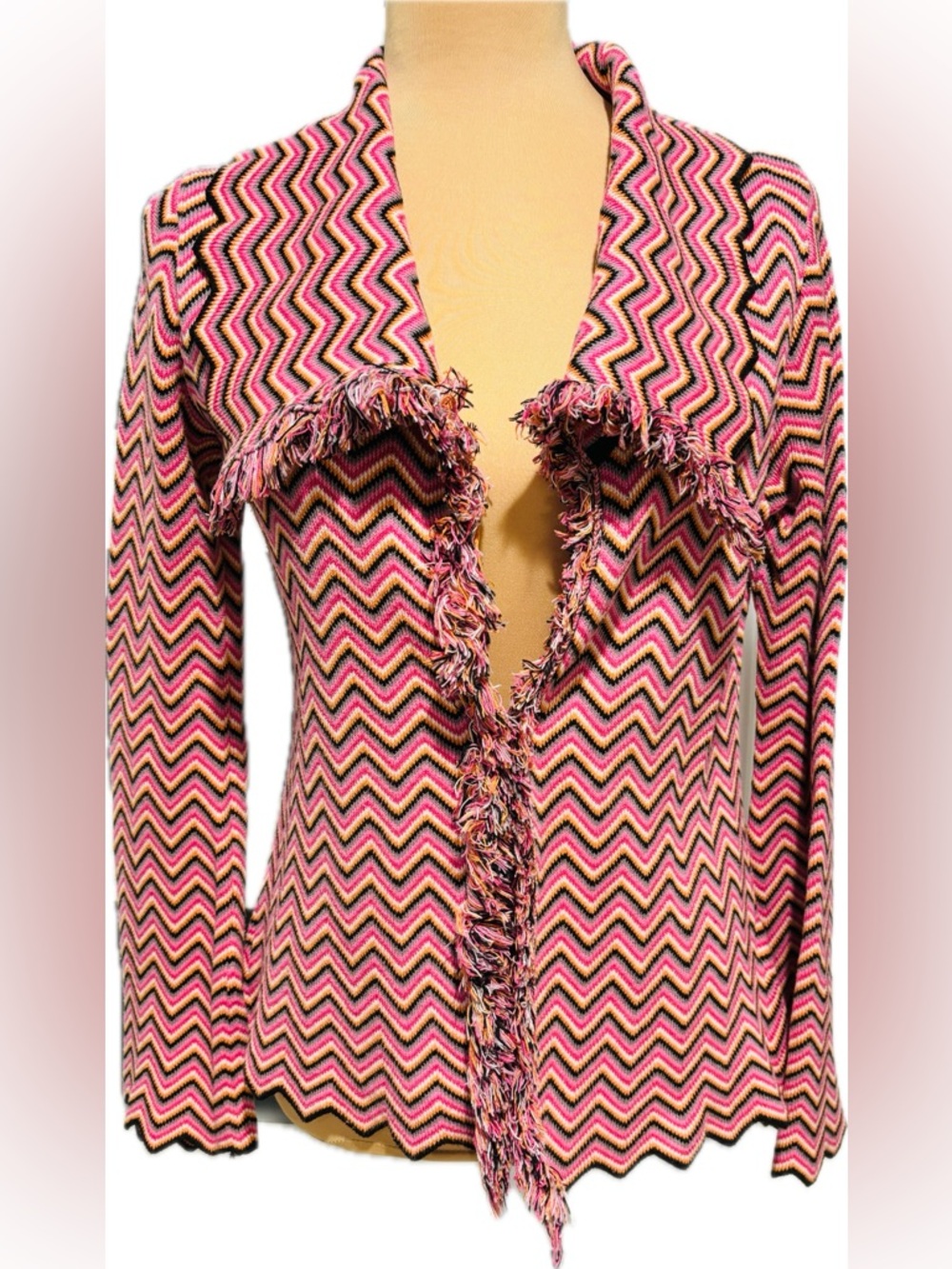 Harold's Pink, Black & Orange Chevron Fringe Cardigan